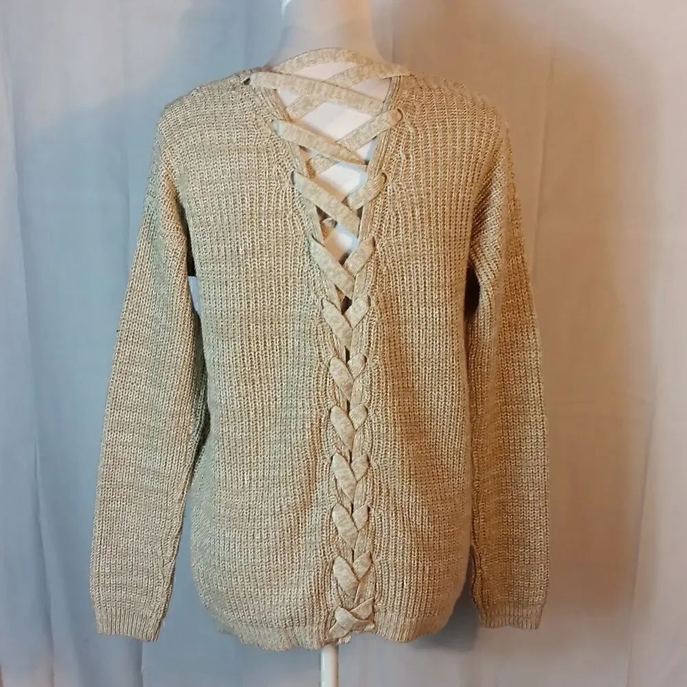 Poof Apparel Taupe Corset Back Crocheted Sweater